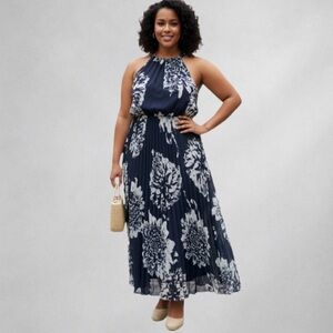 Lane Bryant Floral Halter Maxi Dress 16 Navy Blue White Pleated Summer Flowing